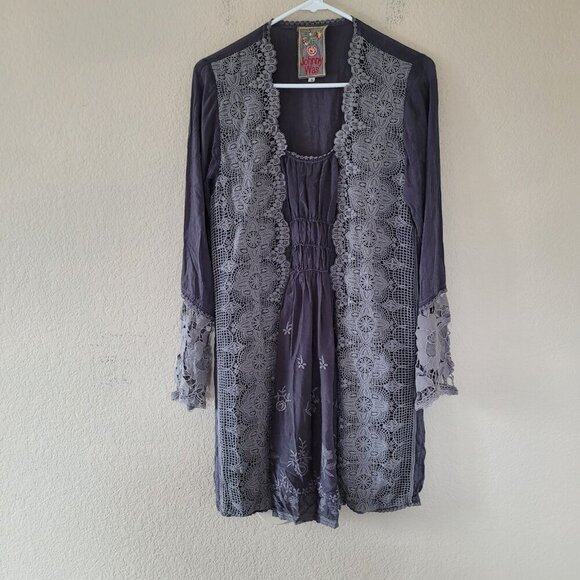 Johnny Was Rayon Pewter Embroidered Lace Eyelet Kimono Boho Tunic Top Sz Small - Picture 1 of 8